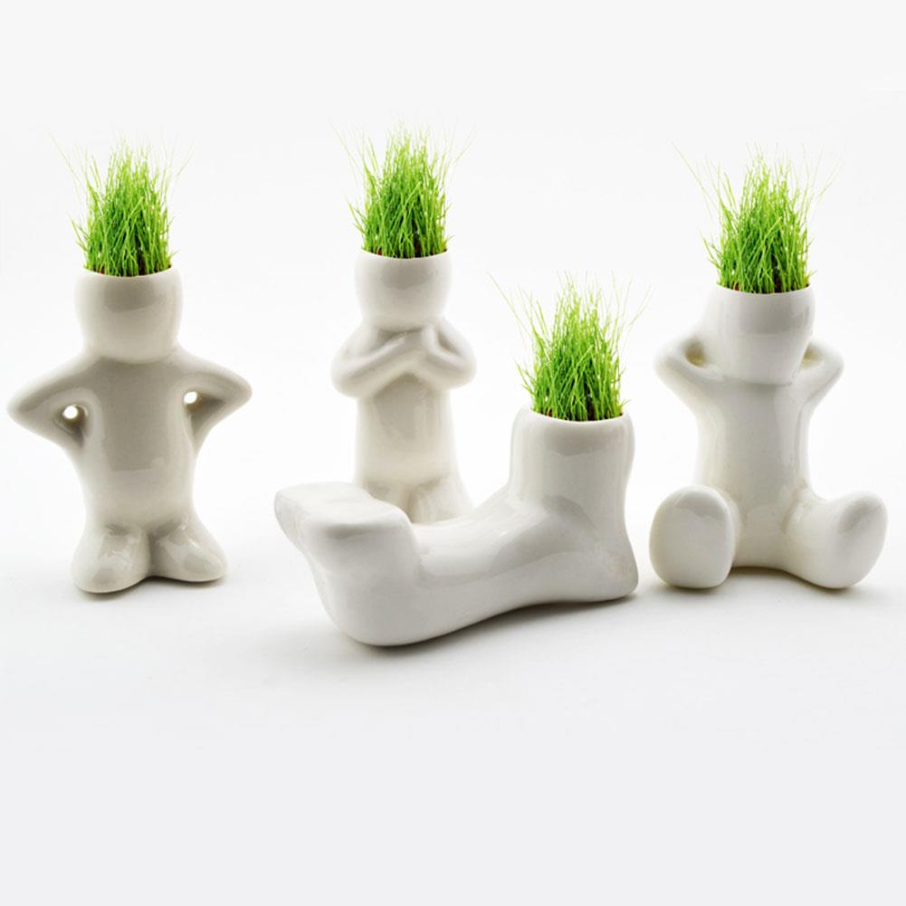 Lille hvid dukke mand græs hår potte bonsai plante bord skov indretning nyhed