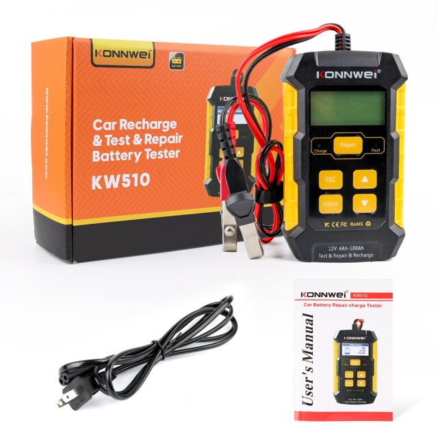 KONNWEI-probador de batería de coche KW510, 12V, 5A, cargador de reparación de pulso, húmedo, seco, ácido de plomo, herramienta de reparación de batería de coche completamente automática: US PLUG