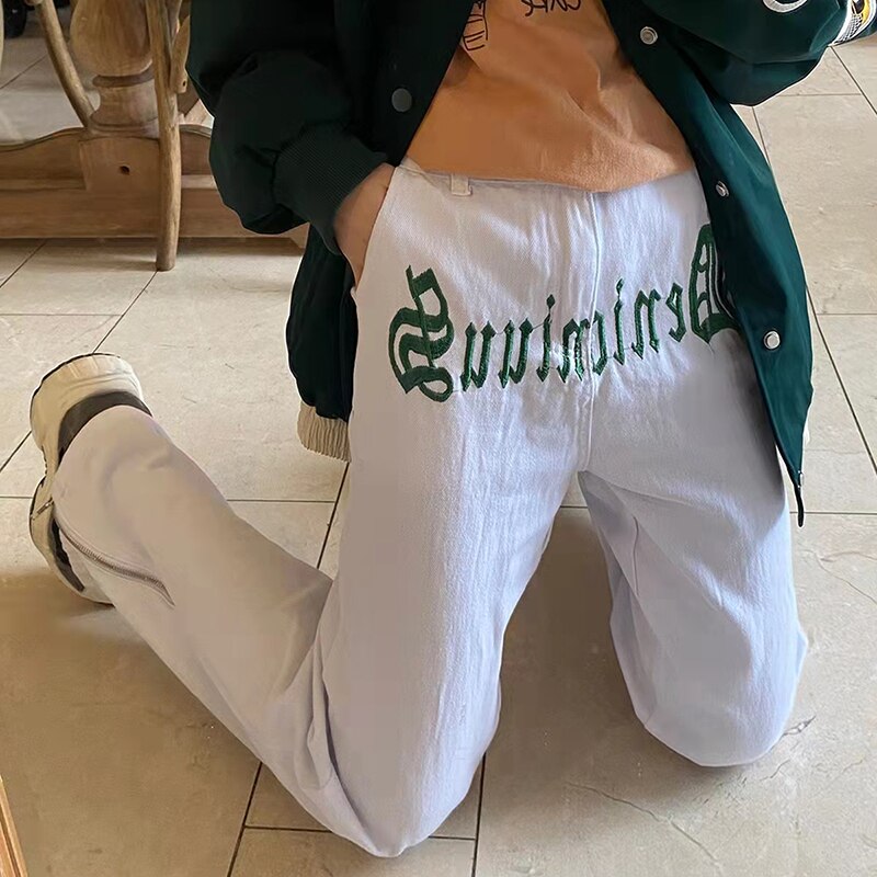 Men and Women Ripped Washed Streetwear Loose Oversized Jeans Pants Ankle Zipper Letter Embroidery Straight Casual Denim Trousers