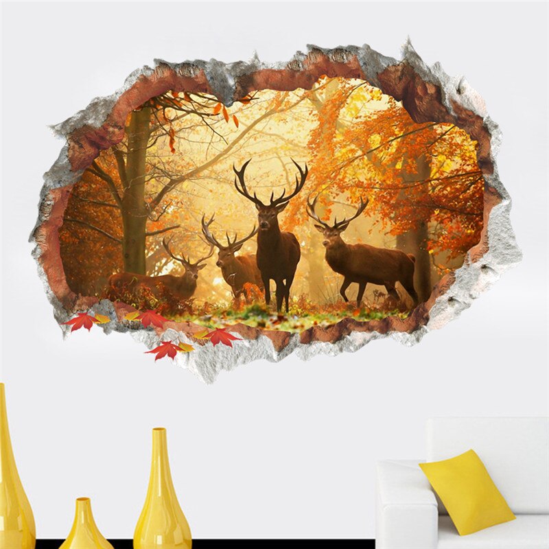 3D cassé mur trou Stickers muraux pour bureau salon chambre décoration de la maison bricolage animaux cerf loup paysage Mural Art Stickers: 3 14201
