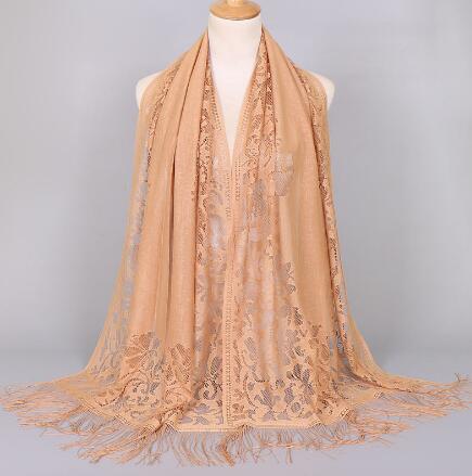 Women Cotton Polyester Floral Lace Scarf Shawl Tassels Party Wedding Lace Veil India Arab Muslim Hijabs Scarves: color 3 lt tan