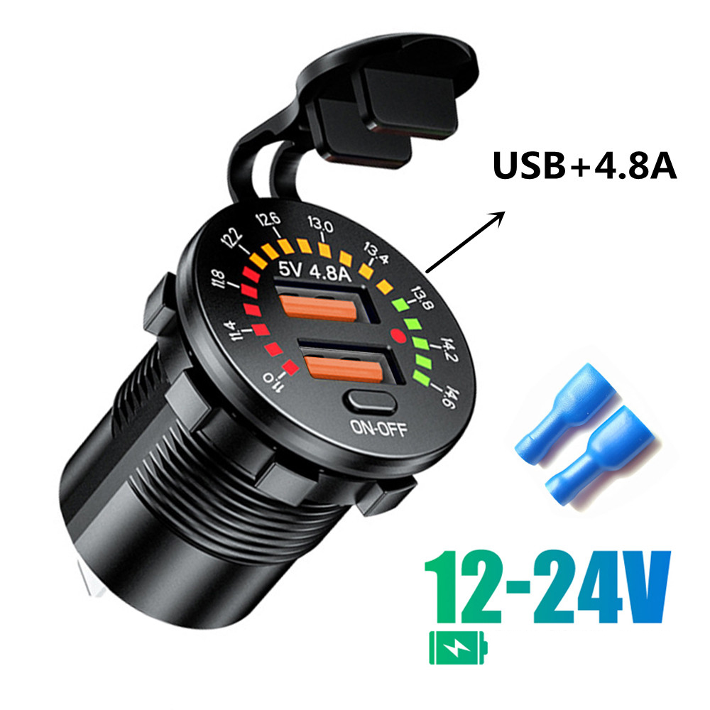 Cargador de coche USB Dual QC 3,0, 36W, 12V, 24V, salida PD impermeable, carga rápida con voltímetro LED, interruptor de encendido y apagado, accesorios para coche: Naranja