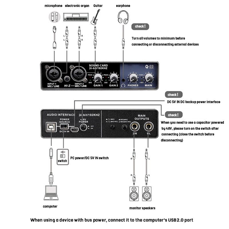 Q-22 Audio Interface Sound Card with Monitoring,Electric Guitar Live Recording Sound Card For Studio,Singing
