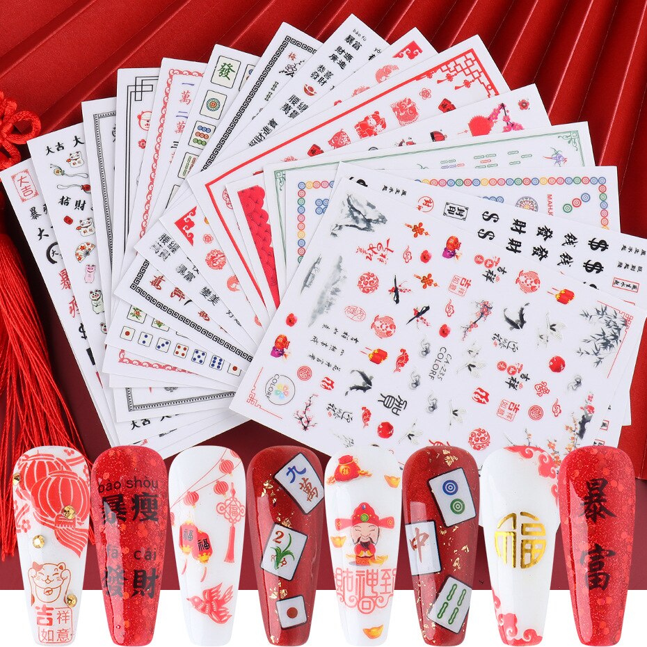 Year Nail Sticker Water Decals Mahjong Chinese Character Personality Nails Slider Art Decoration Manicure