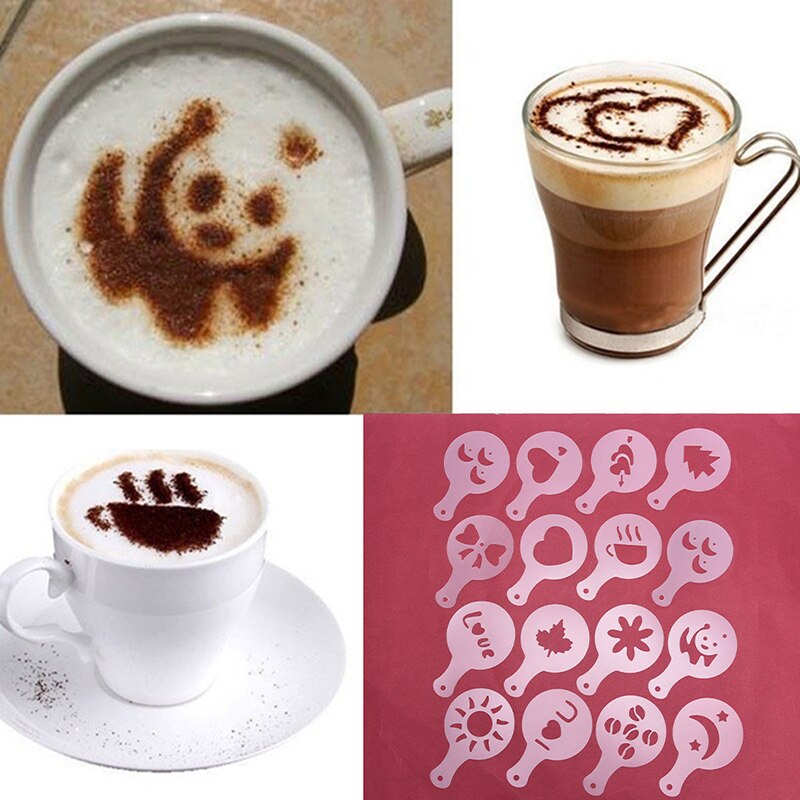 16 Stks/set Mold Koffie Melk Cake Cupcake Stencil Template Koffie Barista Cappuccino Template Strooi Pad Duster Spray Gereedschap
