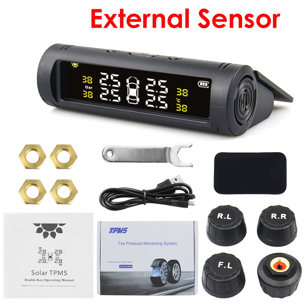 Tpms Bandenspanning Alarm Sensor Monitor Systeem Auto Display Interne/Externe Zonne-energie Opladen Temperatuur Waarschuwing: External Sensor