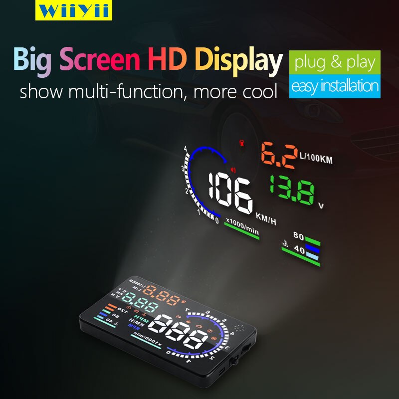 OBD2 HUD Car Head Up Display Large screen display A8 Windscreen Projector Scanner Speed Warning Fuel Alarm Data Diagnostic