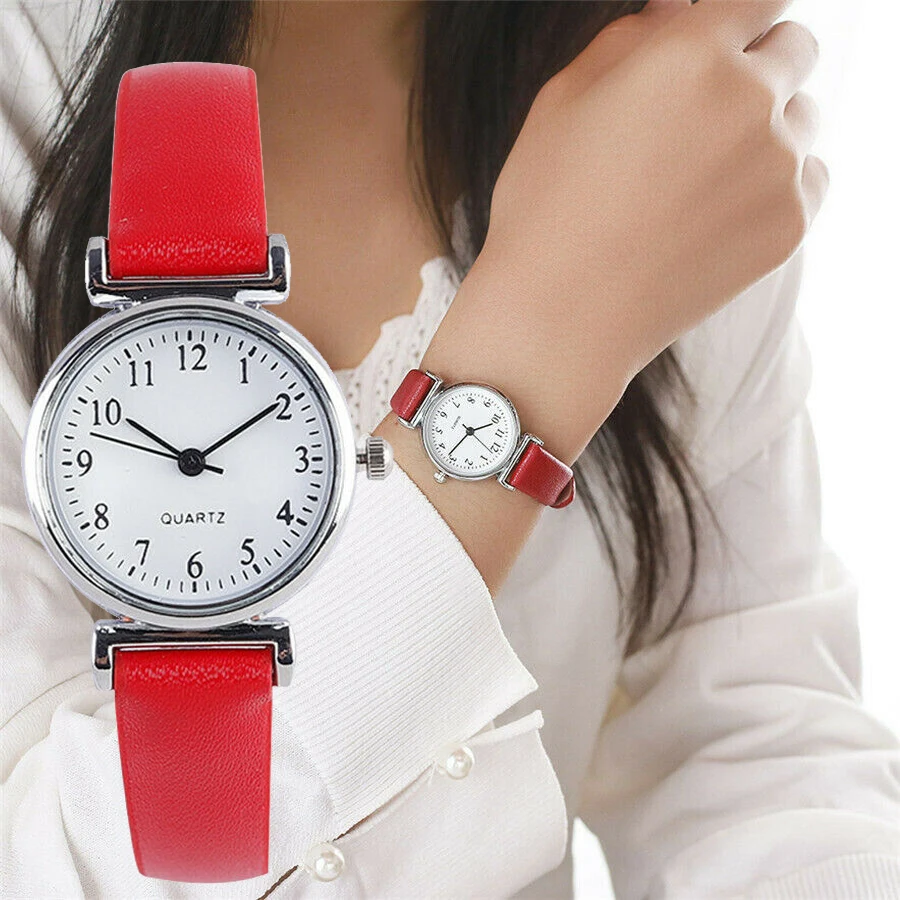 Klassieke dameshorloges Zwart Rood Casual quartz lederen band Bandhorloge Retro ronde analoge klokhorloges voor dames: Rood
