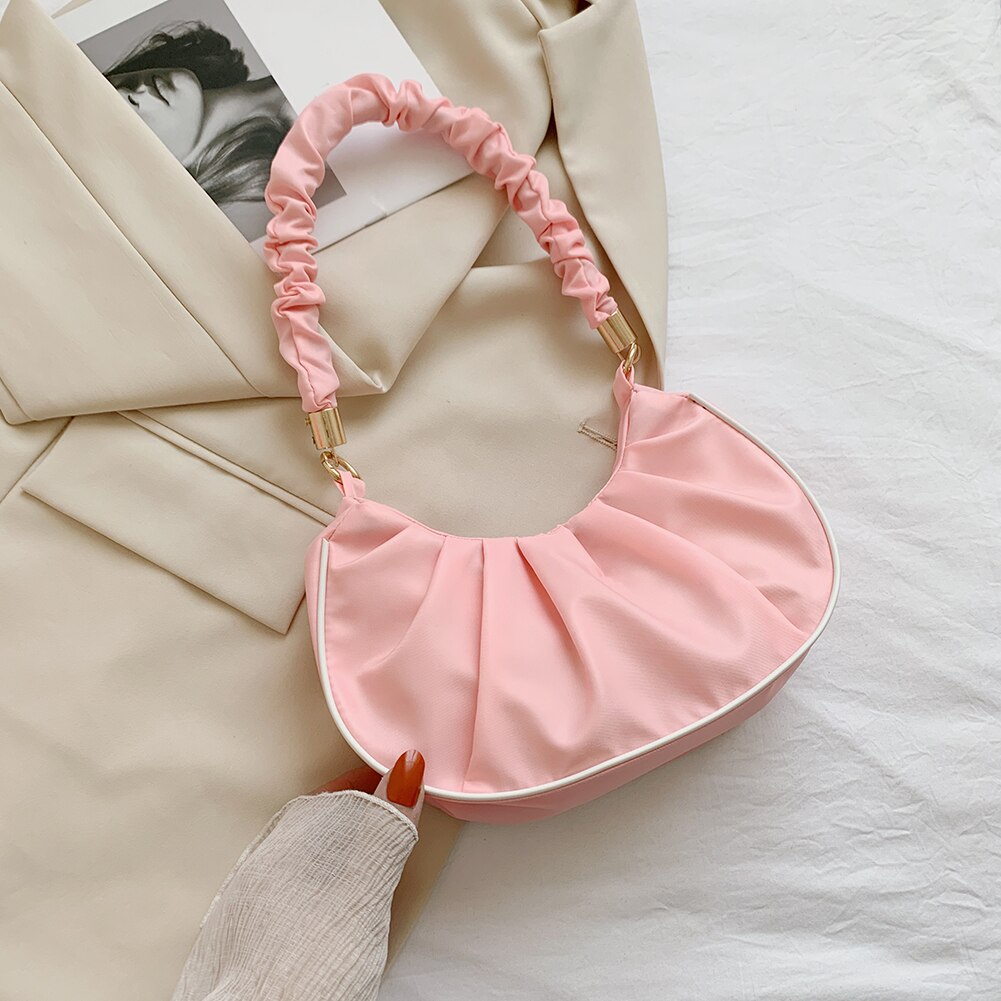 Borsa a tracolla ascellare a pieghe in tinta unita da donna di moda borsa da donna Casual con manico piccolo Hobos: Light Pink