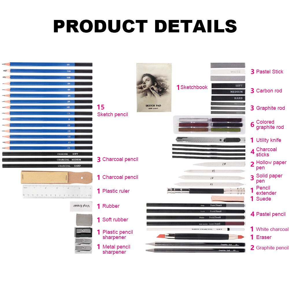 60 Stks/partij Tekening Potlood Set Student Schilderen Kunst Levert Kunstenaar Professionele Kalligrafie Tekening Potlood Schetsboek Pennen Kit