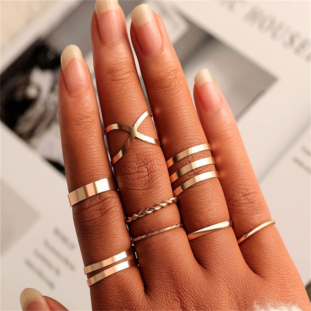Ifmia 2022 Trend Goud Kleur Ronde Hollow Geometrische Ringen Set Voor Vrouwen Mode Cross Twist Open Ring Joint Ring Vrouwelijke sieraden: IF2420000733-1