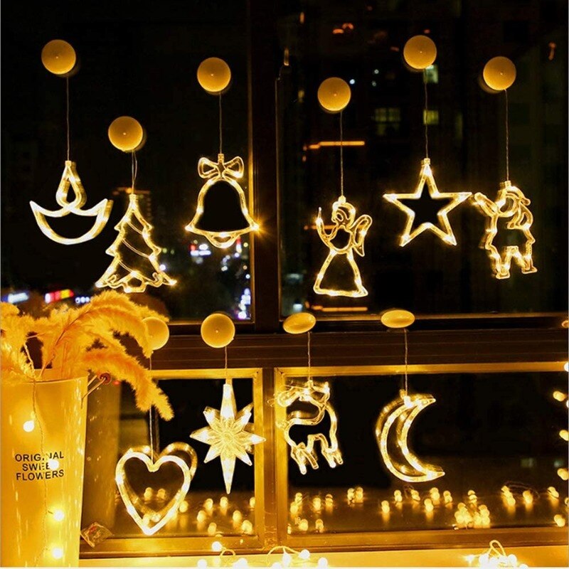 LED Christmas Lights Battery Power Supply Christmas Tree Snowman Elk Chandelier Indoor Outdoor Glass Window Suction Cup Light