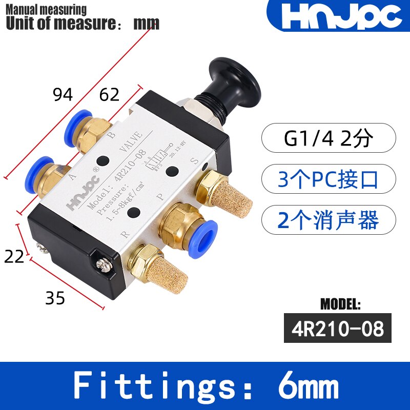 Pneumatische Ventiel 4H210-08 4R210-08 HV-02/03/04 Hendel Bediend Controle Hand Roterende Klep Schakelaar Cilinder Control Fitting: 4R210-08 6mm joint