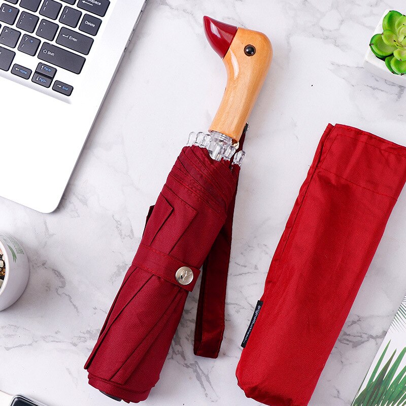 Cute Duck Head Umbrella Rain Women Automatic Windproof Sun Umbrella Men Three Fold Waterproof Travel Umbrella Parasol: Red