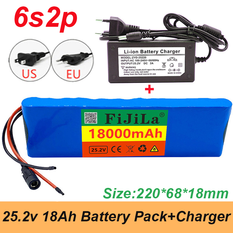 24V 18000Mah 6S2P 18650 Lithium Batterij 25.2V 18000Mah Met Bms Voor Elektrische Fiets Bromfiets + 2A Batterijen Oplader: Blauw