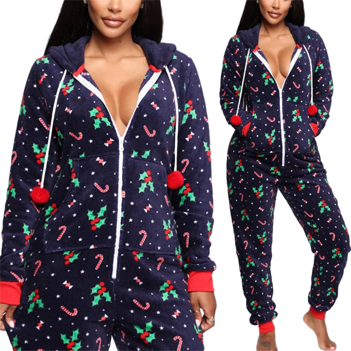 Herfst Winter Vrouwen Hooded Jumpsuits Leuke Kerst Patroon Casual Homewear Pyjama Vrouwelijke Lange Mouwen Ritsen Rompertjes Nachtkleding