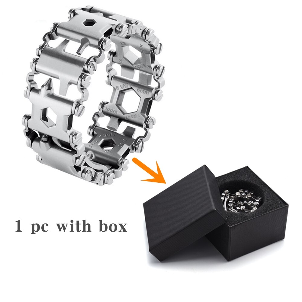Pulsera multiherramienta 29 en 1, pulsera de reparación multifunción de acero inoxidable, llave de destornillador, Kit de emergencia para bicicleta y acampada: Silver with box