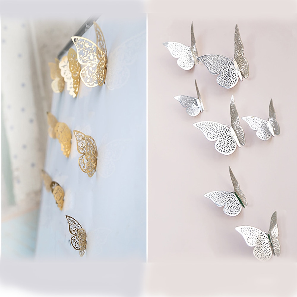 12 unids/lote de calcomanías de mariposa 3D doradas y plateadas para pared, calcomanías artísticas para el hogar, pegatinas para pared, decoraciones para exhibición de mariposas para fiestas y
