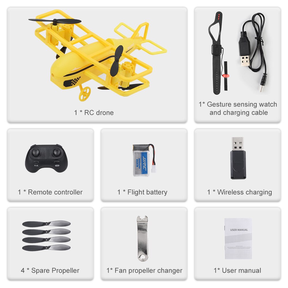 JJRC H95 RC Plane Mini Airplane Altitude Hold Function Auto Hover Headless Mode 360 Rotation One Button Takeoff Outdoor Toy: Yellow 1B Watch