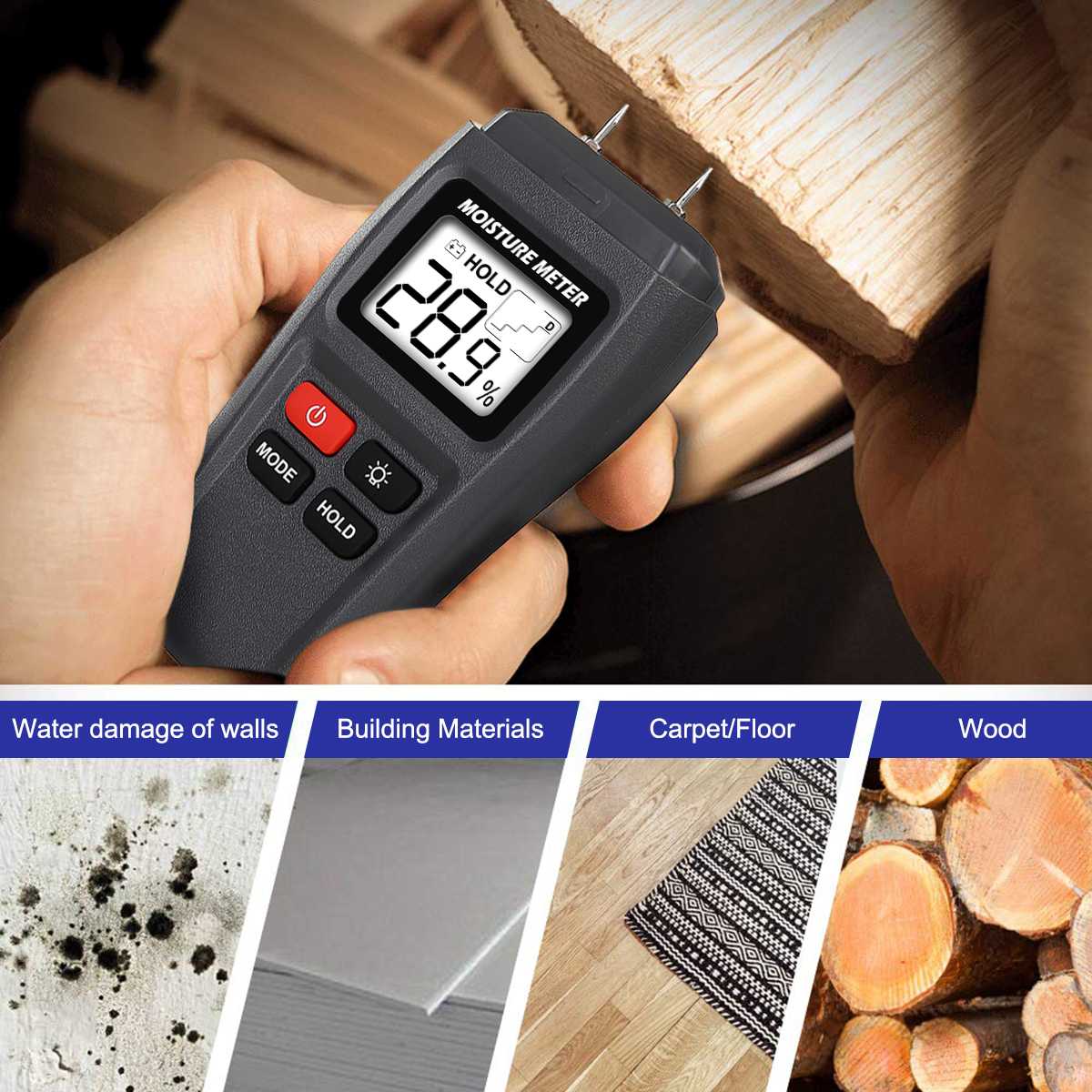 0~99.9% Digital Wood Moisture Meter Hygrometer Timber Damp Detector Tree Density Digital Wood Humidity Tester Wall Hygrometer
