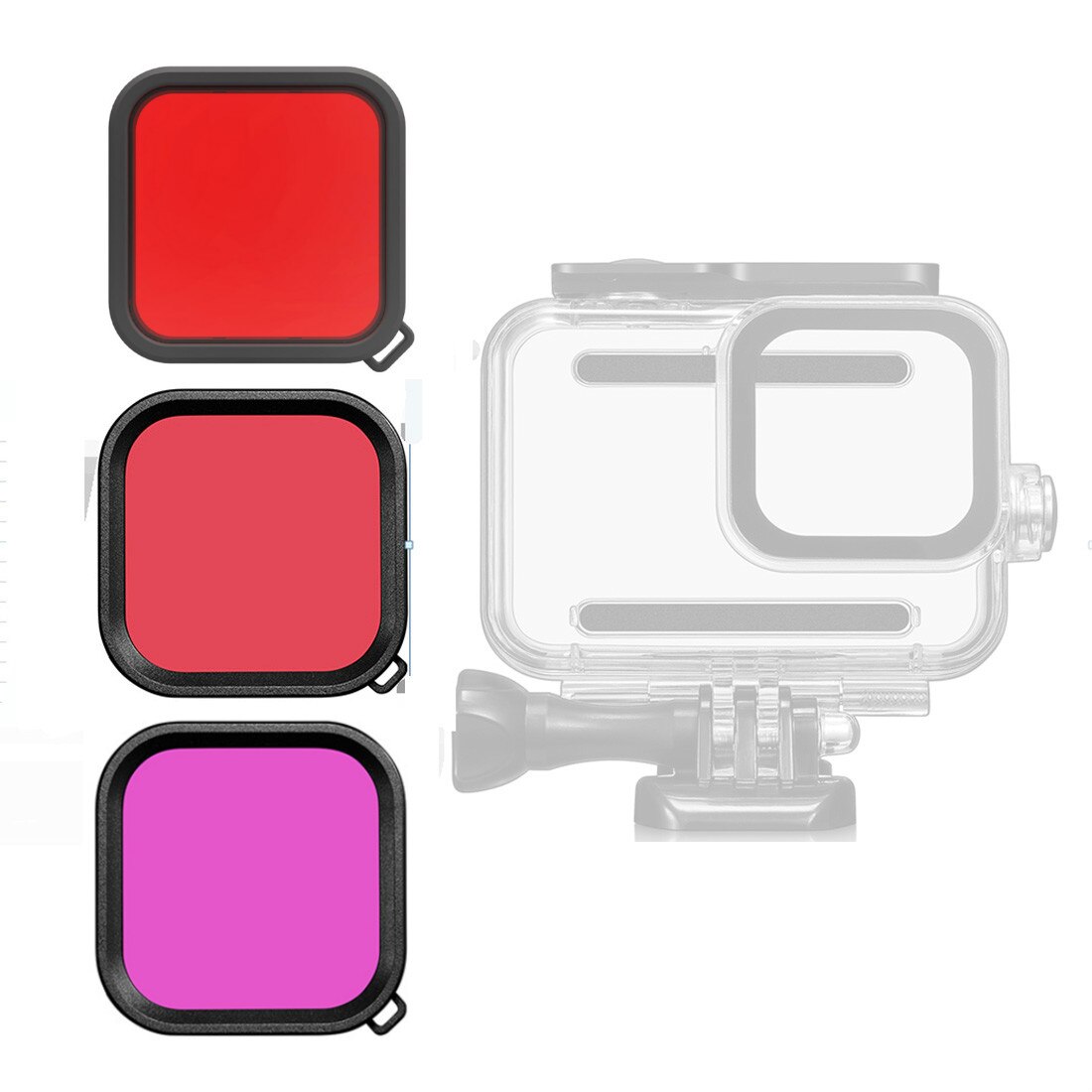 BGNing-Filtros de colores para cámara Gopro Hero 8, funda negra impermeable, filtro cuadrado de buceo, rojo, rosa, Morado, 3 uds.