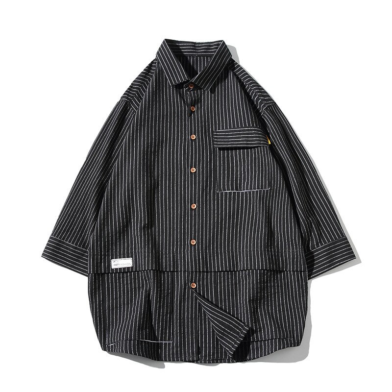 #0173 höst casual skjorta herr tre fjärdedels ärm lapel krage vertikal randiga skjortor för män stora fickor svart gul brun