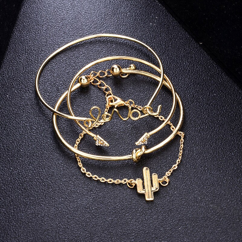 Modyle 4 stks/set Mode Brief Liefde Arrow Driehoek Knoop Cactus Chain Gold Bangle Set Lady Exquisite Verstelbare Sieraden Verjaardag