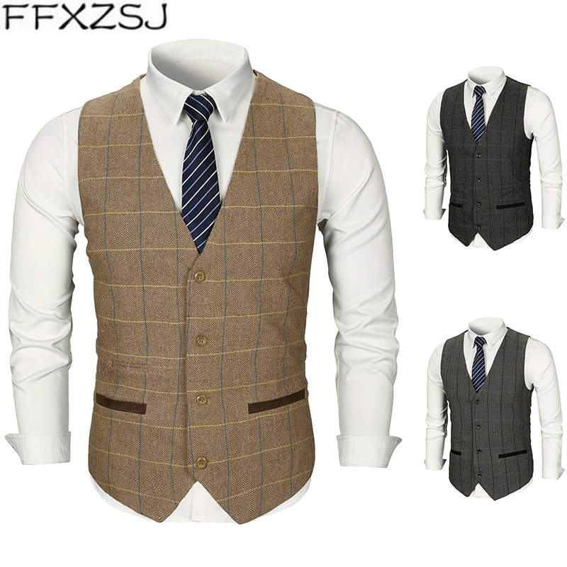 FFXZSJ Men Woolen Suit Vest Single Breasted Plaid Wedding Groom Slim Fit Vest Waistcoat Business Formal Vest for Men