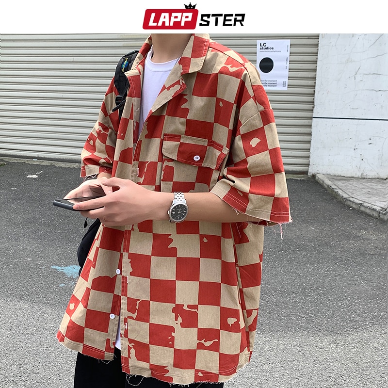 LAPPSTER Men Korean Damage Plaid Shirts Short Sleeve Summer Women Harujuku Blouses Japanese Streetwear Button Up Shirts