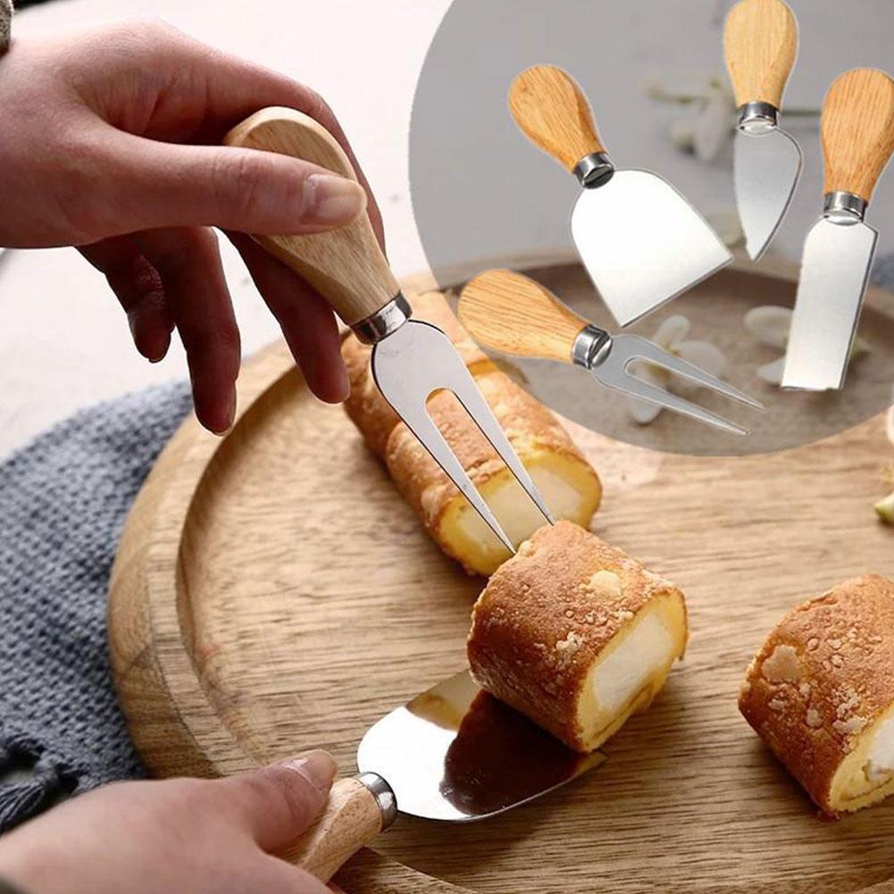 4 Cheese Knives Set Cheese Cutlery Steel Cheese Slicer Handle Knife Cutter Spatula Mini Knife,Butter Wood U5N7