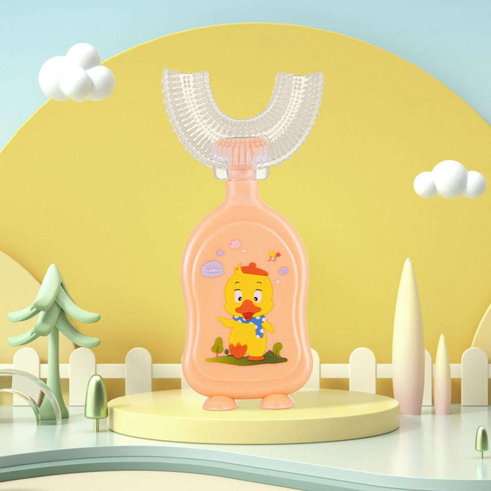2-13 anni nuovo simpatico orso anatra bocca contenente tipo manuale a forma di U pulizia a 360 gradi massaggio spazzolino da denti in Silicone: orange-Duck