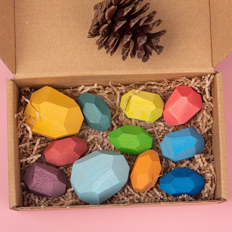Children Wooden Colored Stone Intelligence Building Stone Jenga Nordic Style Wooden Rainbow Toy Girl Boy: 11pcs 0.22