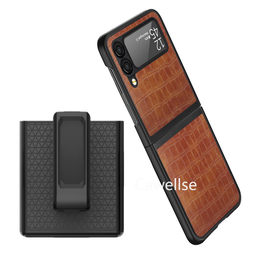 Belt Clip Holster phone Case for Samsung Galaxy Z Flip 3 5G Lychee Pattern Leather Stand Holder Slide Hip Holster Cover Z Flip3: D139-Crocodile brown