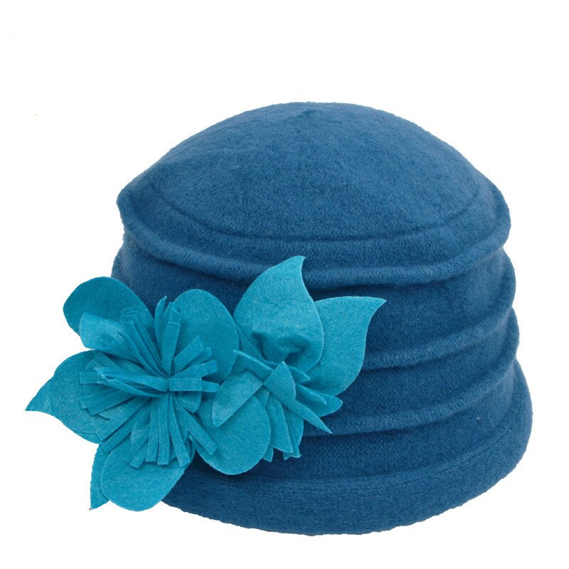 Winter Vintage Cloche Bucket Cap Women's Fedora Hat Ladies Wool Flower Hat Woman Party Headwear Chapeau Femme: blue