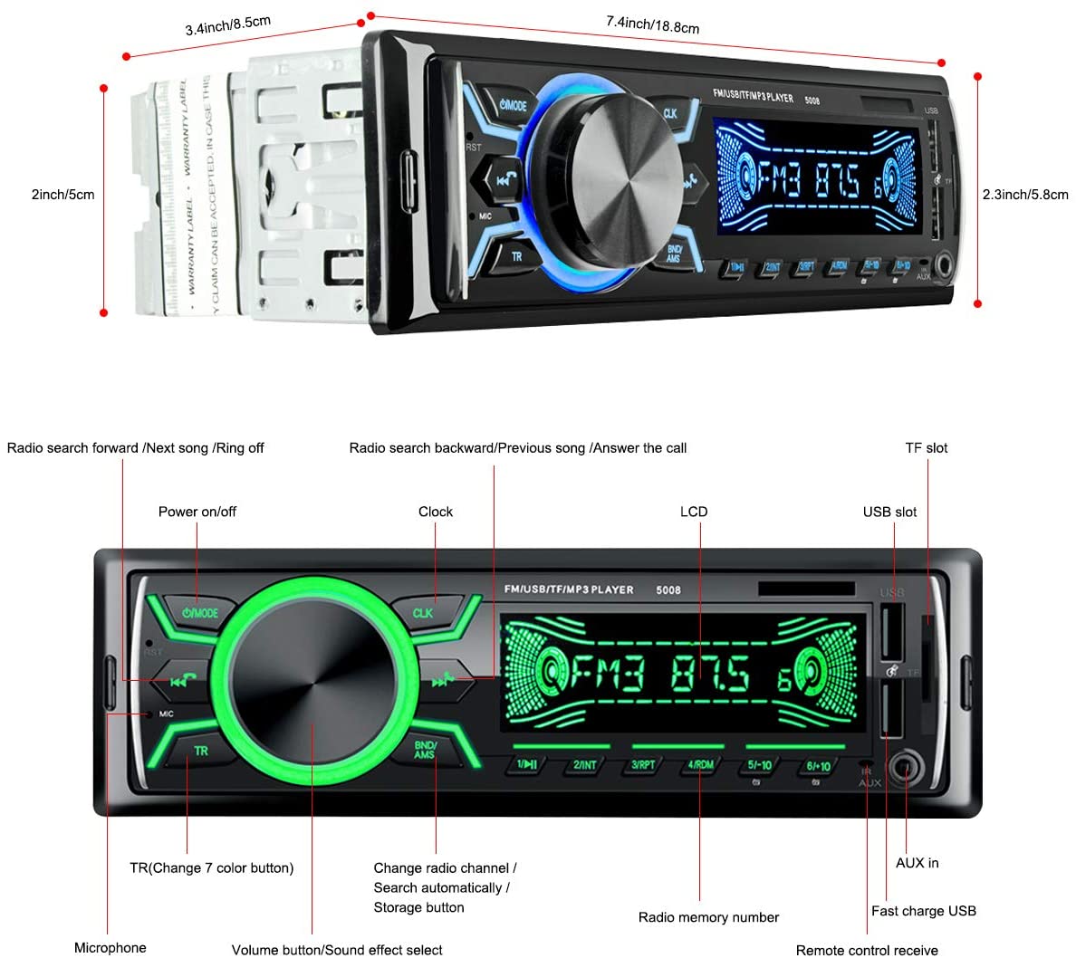 Autoradio 1 Din Bluetooth Stereo MP3 Speler 2 Usb/Tf/Fm Head Unit Non Cd 7 Kleur usb Sd Aux Auto Elektronica In-Dash Autoradio