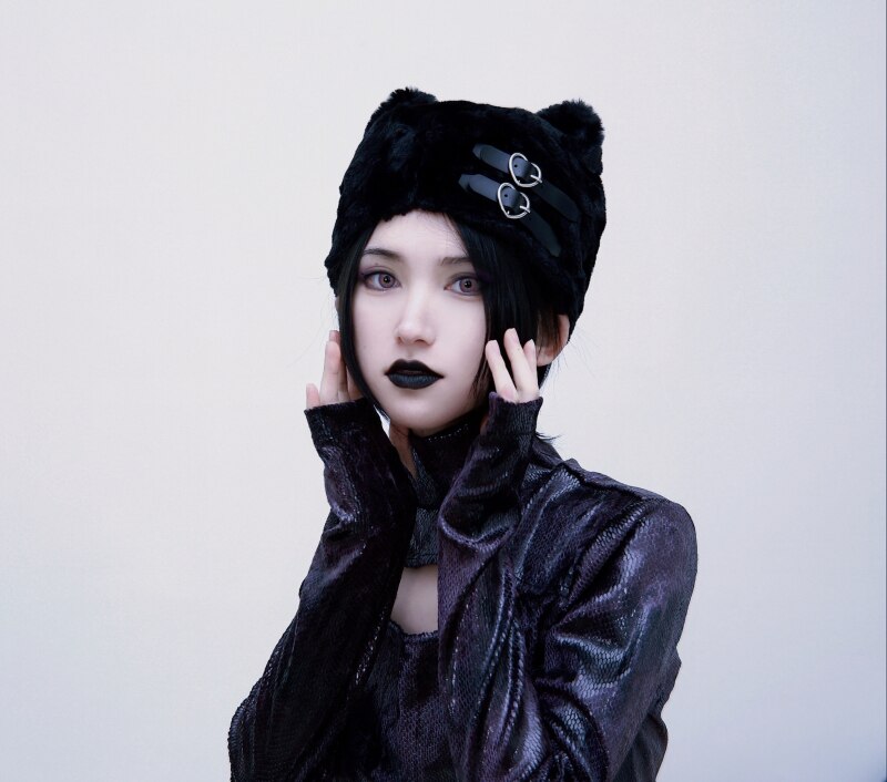 Harajuku Punk Gothic Cat Ear Women Hat Black Berets Autumn Winter Warm Heart Buckle Hat Kawaii Girls Streetwear Y2K Accessories