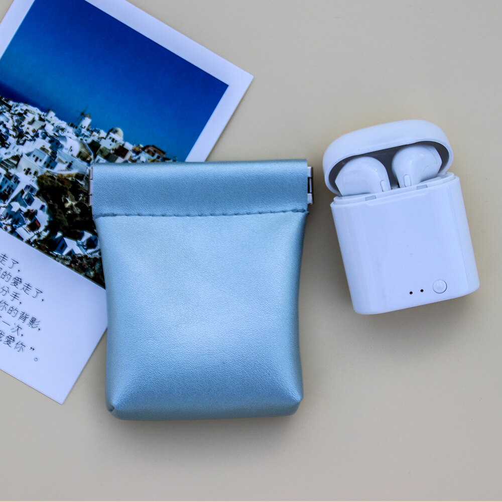 Earbuds USB Pouch Solid Pu Leather Coin Purse Small Wallet Earphone Organized Bag Card Holder for Women Men: Blue