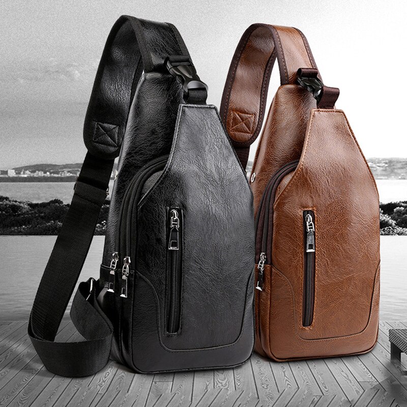 Waterproof PU Leather Chest Bag - USB Charging Port & Headphone Hole - Portable Travel Crossbody
