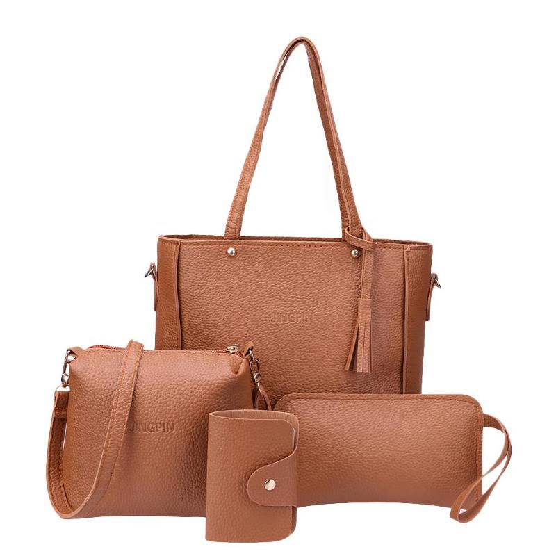 Conjunto de bolsos de hombro con borlas de Lichi para mujer, bandoleras cruzadas de piel sintética con asa superior, estilo informal, a la , 4 unids/set: Castaño