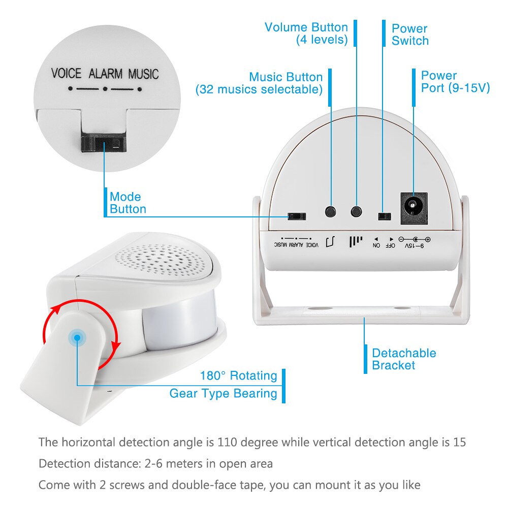 Alarma de bienvenida inalámbrica, timbre de puerta, Sensor de movimiento PIR para entrada de tienda, protección de seguridad, timbre con fuente de alimentación