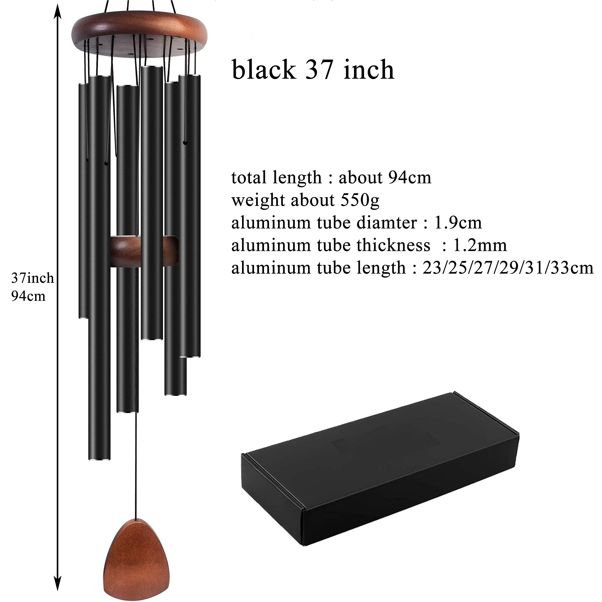 Campana de carillón de viento de Metal, 37 pulgadas, 6 tubos de aluminio hechos a mano para decoración de jardín al aire libre, Patio, hogar, decoración Zen, meditación: Negro