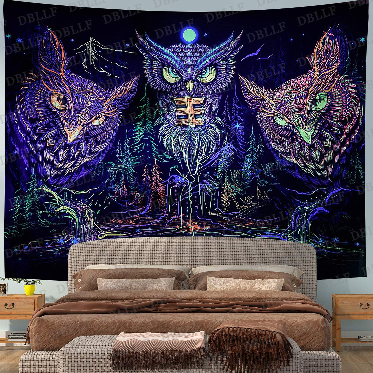 Atrapasueños de búhos psicodélicos, tapiz para colgar en la pared para sala de estar, dormitorio, bosque místico, bohemio, colorido
