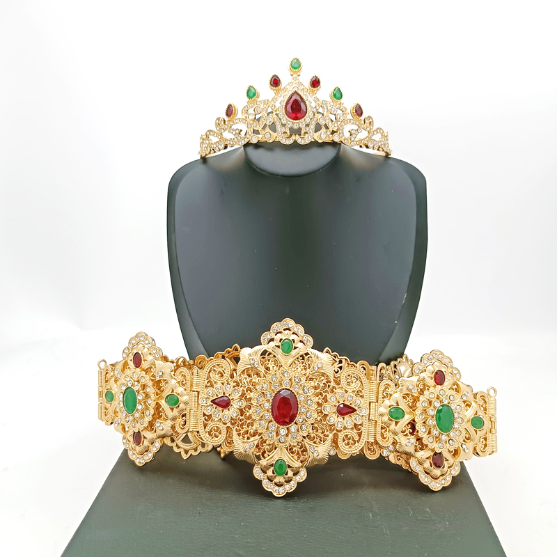 Abaya Metal Waist Chain for Women's Wedding Dress Body Jewelry Gold Moroccan Belt Adjustable Length Bridal Hair Jewelry Set: Set 2