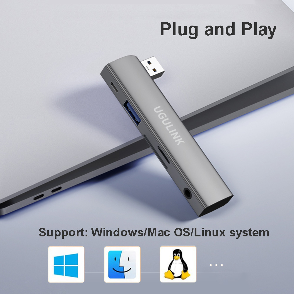 UGULINK Type-C USB 5 in 1 Hub to TF/SD 3.5mm Headphone Jack Adapter Cables Card Read For Samsung Xiaomi Huawei iphone 15 pro