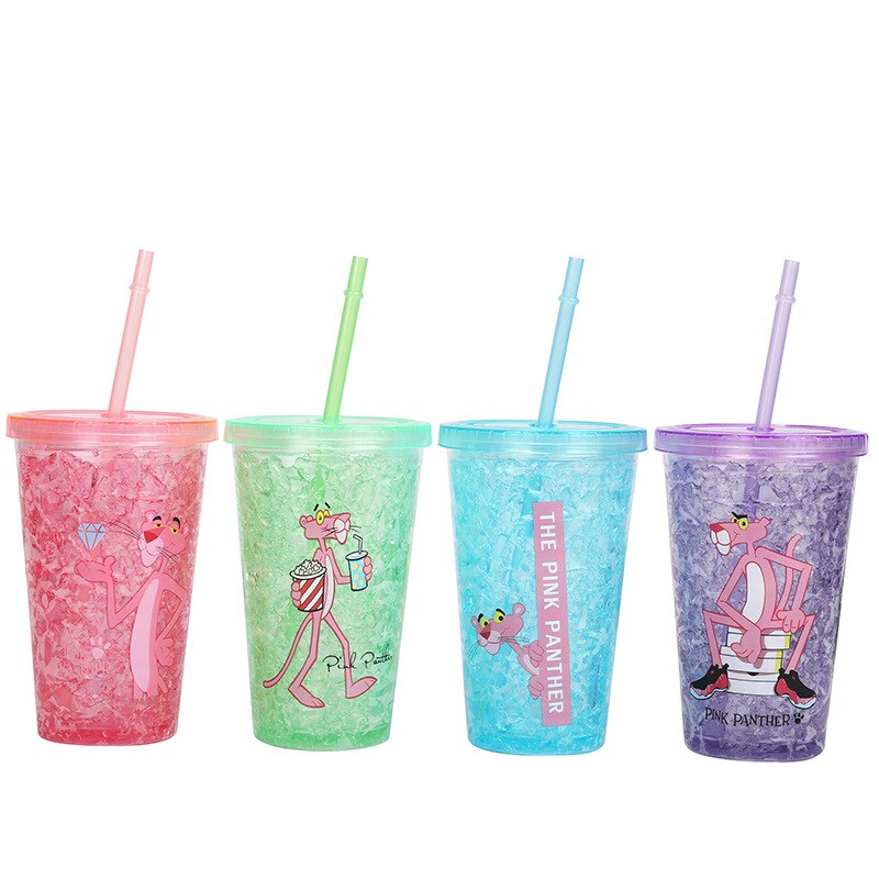 summer ice cool ice Cup cooling broken ice Cup student double-layer straw with lid portable straight water Cup: pink Panther series