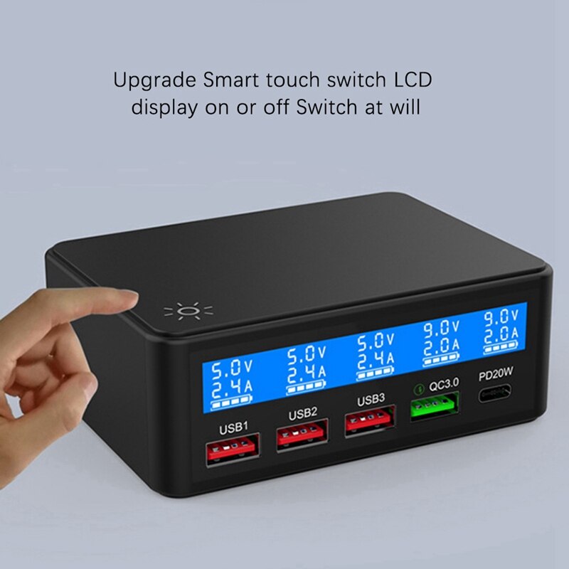 Multi USB Charger PD20W 5-Port LED Display Wall Quick Charger 3.0 Fast Charger Desktop Charging Station-US Plug