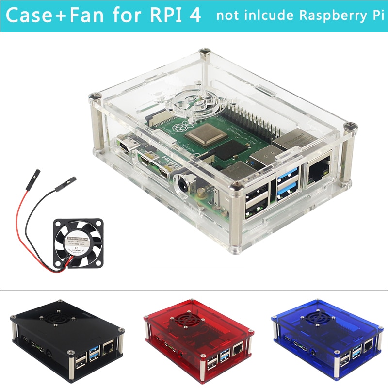 Upgraded Raspberry Pi 4 Acrylic Case Clear Black Blue Red Transparent Shell with Cooling Fan for Raspberry Pi 4 Model B RPI 4