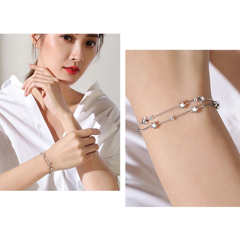 Daiwujan 925 Sterling Zilveren Armbanden Dubbele Gelaagde Sterren Kralen Chian Armbanden & Bangles Voor Vrouwen Meisjes Bruiloft Sieraden