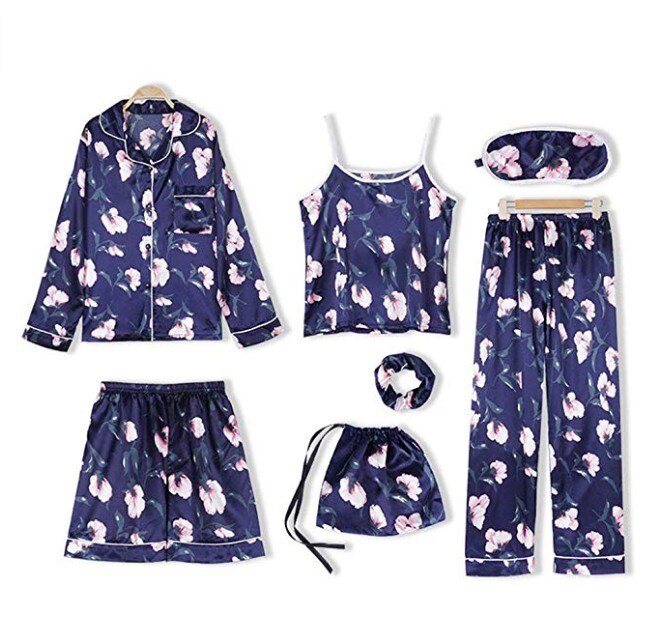 Summer Autumn Winter 7 Pieces Set Cotton Women Pajamas Full Shorts Long Sleeve Top Elastic Waist Pants Silk Lounge Robe: 7jian hua navy / L