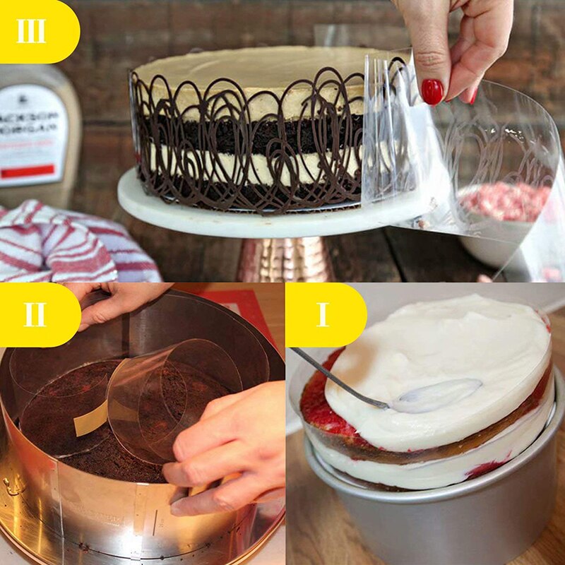 Colliers à gâteaux en rhodoïde, bord de ruban en rouleau dans le cercle de film, feuille de mousse transparente, bord de décoration de gâteau au chocolat